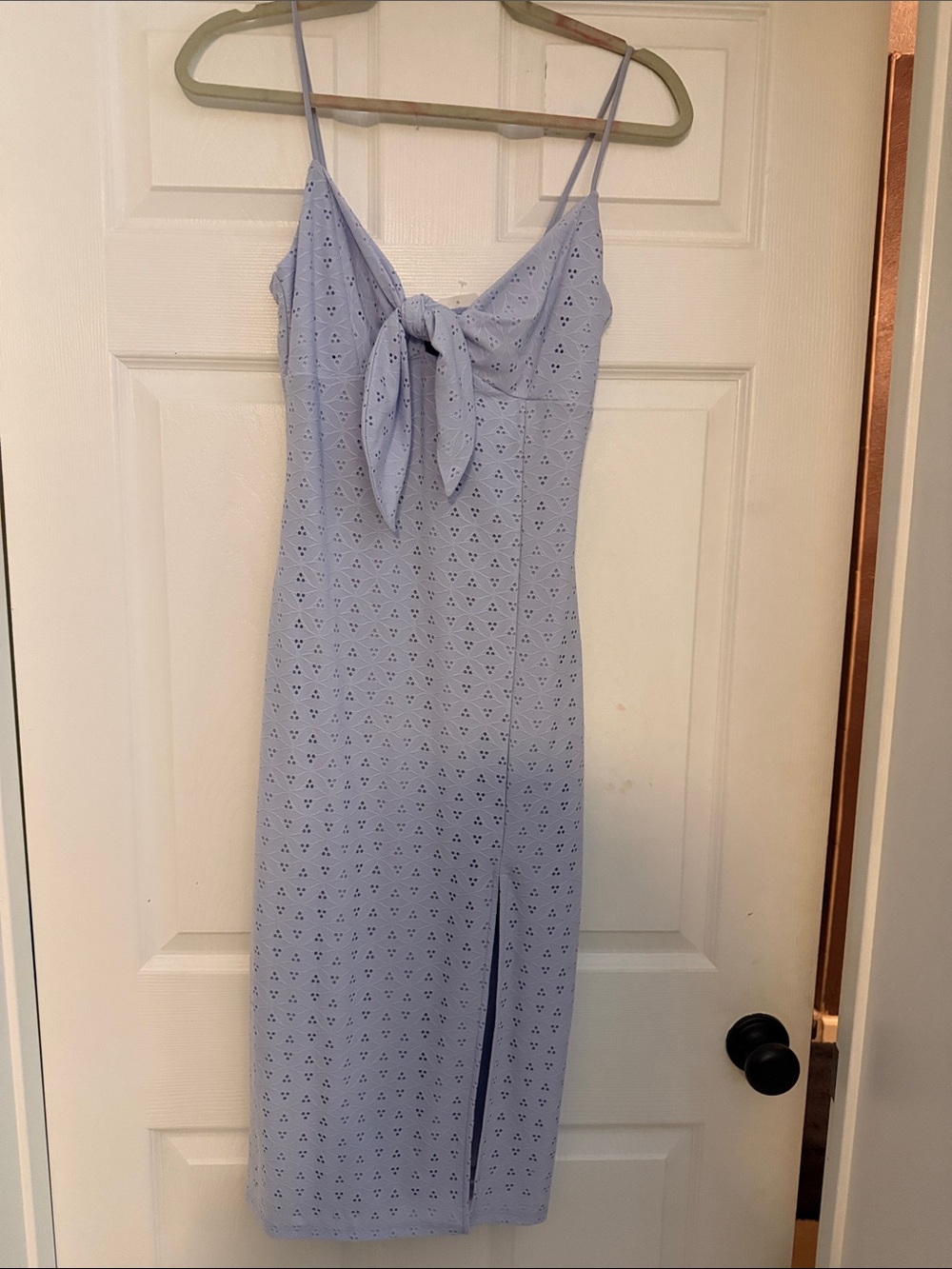 Light Blue Eyelet Tie-Front Spaghetti Strap Midi Dress